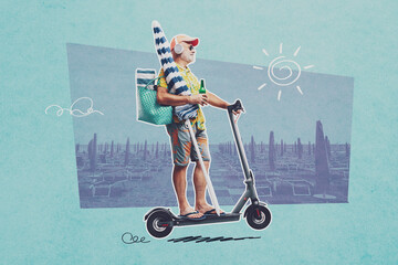 Funny senior tourist on e-scooter, vintage poster design