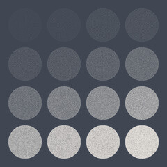 Round shaped dotted objects, stipple elements. Fading gradient. Stippling, dotwork drawing, shading using dots. Pixel disintegration, halftone effect. White noise grainy texture. Vector illustration