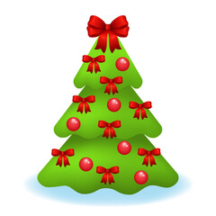 Decorated holiday tree isolated on white. Green pine or fir tree decorated balls and bows isolated on white background. Merry Christmas and Happy New Year. Vector illustration.