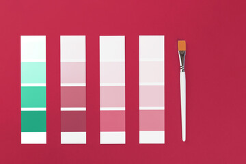 Trendy magenta red and pink and cyan meadow green color swatches with a paint brushe. Color palette...