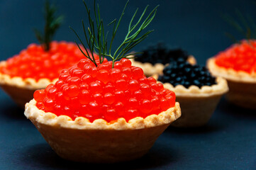 Red and black caviar in tartlets on a black background.