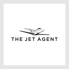 Vector silhouette image of flying airplane. Business jet class air flights. Air cargo transportation by air transport. The logo sign is black airplane on white background with company name