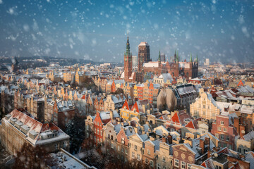 Beautiful scenery of the Main Town in Gdansk at snowy winter, Poland