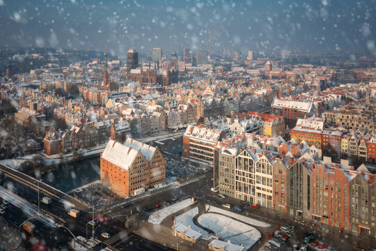 Beautiful scenery of the Main Town in Gdansk at snowy winter, Poland
