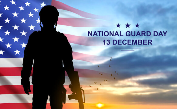 Silhouette of army soldier with USA flag on a background the sunset or the sunrise