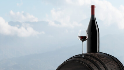 Glass of red wine on the wooden barrel with sky background. High quality 3d illustration