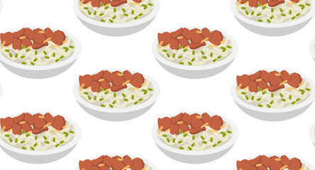 Cao Lau. Vietnamese noodles with meat. Seamless pattern in vector. Asian food.