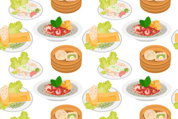 National Vietnamese food. Traditional Vietnamese cuisine. Seamless pattern in vector. Asian food.