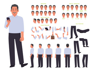 Business man character constructor. Creating an animation of a man, the position of arms and legs, mouth, various emotions. View from different sides - obrazy, fototapety, plakaty