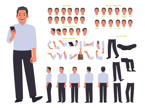 Business man character constructor. Creating an animation of a man, the position of arms and legs, mouth, various emotions. View from different sides