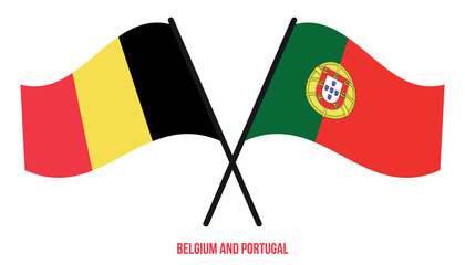 Belgium and Portugal Flags Crossed And Waving Flat Style. Official Proportion. Correct Colors.