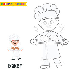 Easy coloring worksheet for children. Kid’s dream job. Coloring a cute baker boy with a tray of Croissant on his hand. Preschool activity sheet. Kawaii vector illustration file.