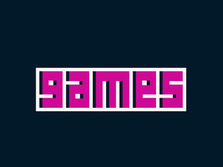 GAMES word mark logo. Typographic lettering text. Alphabet initials. Bold characters isolated on dark fund. Decorative geometric letters for gaming business industry. Neon color shapes.