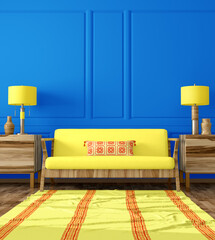 Modern living room interior design with yellow sofa, chest of drawers with home decor, blue wall paneling, lamps and carpet. Designer apartment. 3d rendering