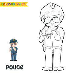 Easy coloring worksheet for children. Kid’s dream job. a cute police officer writes a speeding ticket. Preschool activity sheet. Kawaii vector illustration file.