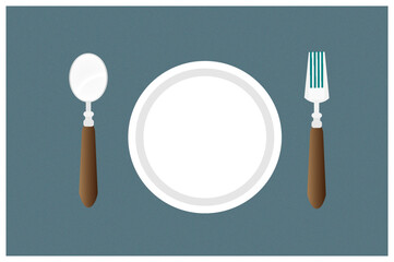 Fork, spoon, plate isolated on blue