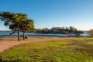 View from The Kaivopuisto park to Harakka island and Gulf of Finland in autumn, Helsinki, Finland