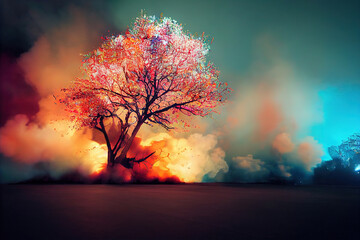 輝く木、カラフル爆発、抽象
