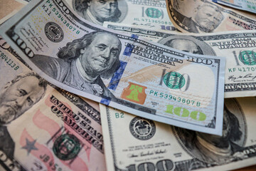 Dollar bills laid out on the table. Money, finance, savings, bank. Photo, macro photography
