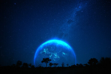 Sci-Fi night landscape scene with galaxy stars on the horizon