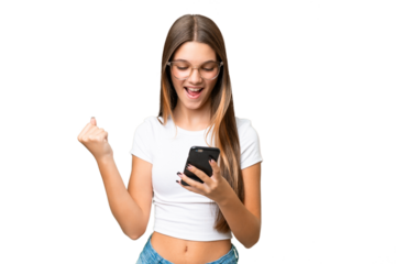 Teenager caucasian girl over isolated background surprised and sending a message