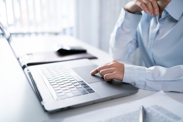 Asian Woman working by using a laptop computer Hands typing on keyboard. Working at office professional investor working new start up
