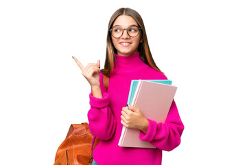 Teenager student caucasian girl over isolated background pointing up a great idea - obrazy, fototapety, plakaty