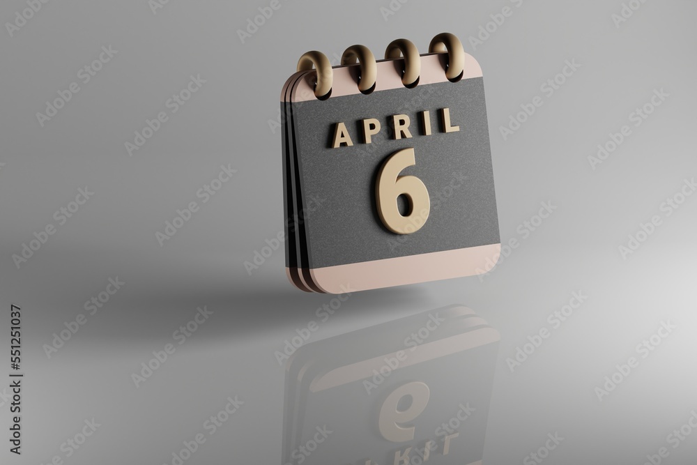 Poster Standing black and golden month lined desk calendar with date April 6. Modern design with golden elements, 3d rendering illustration. White ceramic reflection background...