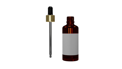 Mock up of realistic brown glass bottle for oil and cosmetics with dropper or pipette isolated on transparent background. Cosmetic concept. 3D render