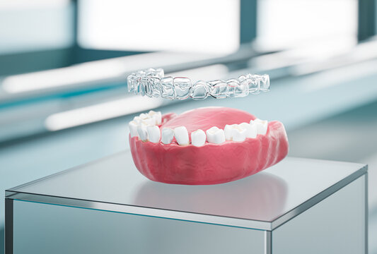 Transparent aligner orthodontic device above teeth cast. 3d illustration of a plastic form used to adjust teeth.