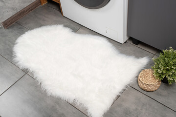 fluffy white rug in ordinary bathroom, mockup design