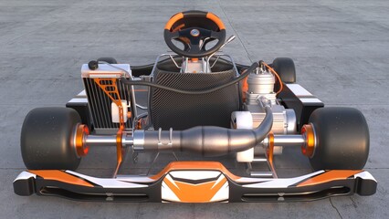 3D Rendered Illustration of a shifter style Go Kart. Tire Logos are Fictitious and translate to fast wheel from Latin. Rear View Straight On.