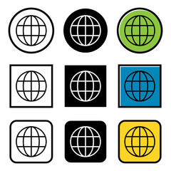 Set of WWW world wide web site symbol, Internet icon, website address globe, flat outline sign