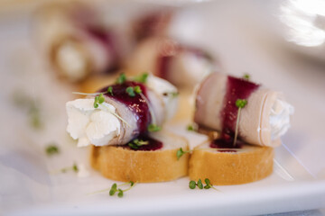 Different dishes on table in restaurant during selebration wedding