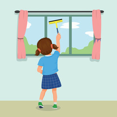 cute little girl cleaning window with squeegee doing daily chores
