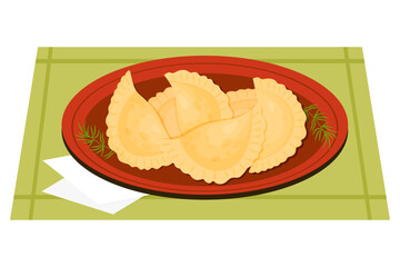 Mexican Empanadas. Traditional popular mexican food. Vector illustration of Latin American national dish for menu design, gastronomic recipes and booklets.