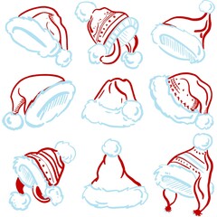 Set of Cute Cartoon Santa hats isolated on a white background