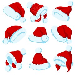 Set of Cute Cartoon Santa hats isolated on a white background