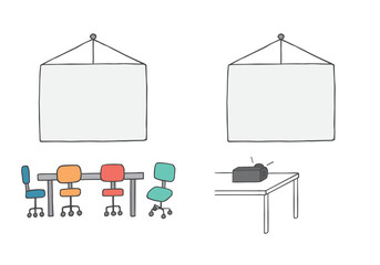 プロジェクターとスクリーンの手描きイラストセット