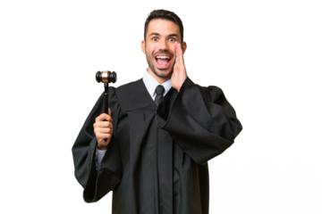 Judge caucasian man over isolated background with surprise and shocked facial expression