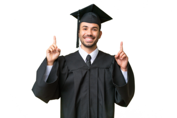 Young university graduate man over isolated background pointing up a great idea