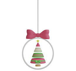 3D Rendering Christmas Decoration with Christmas Tree and Ribbon Hanging. PNG Transparent Background.
