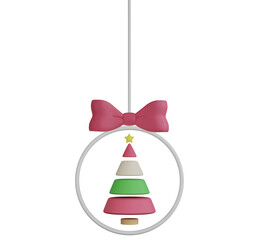 3D Rendering Christmas Decoration with Christmas Tree and Ribbon Hanging. PNG Transparent Background.