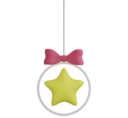 3D Rendering Christmas Decoration with Star and Ribbon Hanging. PNG Transparent Background.