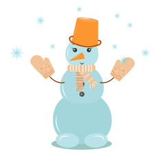 snowman with mittens on his head orange bucket