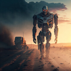 Big robot monster. Sand background. Apocalypse