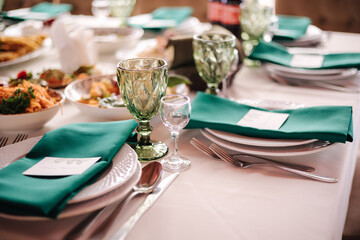 Served table in beautiful wooden restaurant. Wedding concept