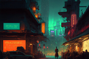 Futuristic Cyberpunk City Street, City Street at Night, Concept Art, Digital Illustration, 
