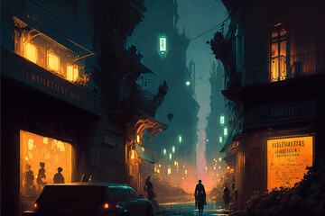Fototapeta na wymiar Futuristic Cyberpunk City Street, City Street at Night, Concept Art, Digital Illustration, 