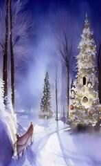 Digital watercolor painting winter snowy landscape, cold weather and northern nature, scenic illustration. Christmas mood. Print for canvas, card, greeting or textile decoration. Art background.